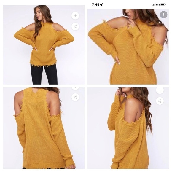 Peach Love frayed hem cold shoulder sweater Size Small In Mustard Color. - Picture 1 of 7